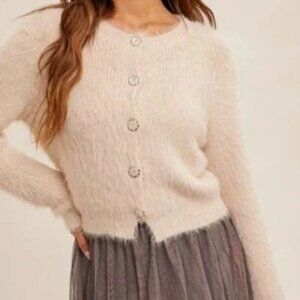 Ballet Pink Eyelash Yarn Button Down Crop Cardigan NWT